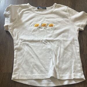 Brandy Melville Cream Tee with Yellow Floral Embroidery
